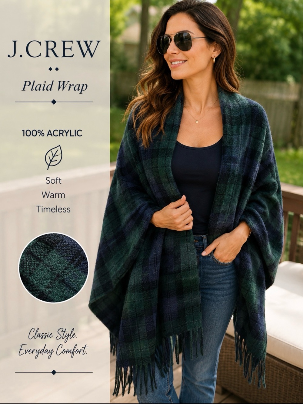 J. CREW Green Blue Tartan Plaid Scarf Wrap Fringe
